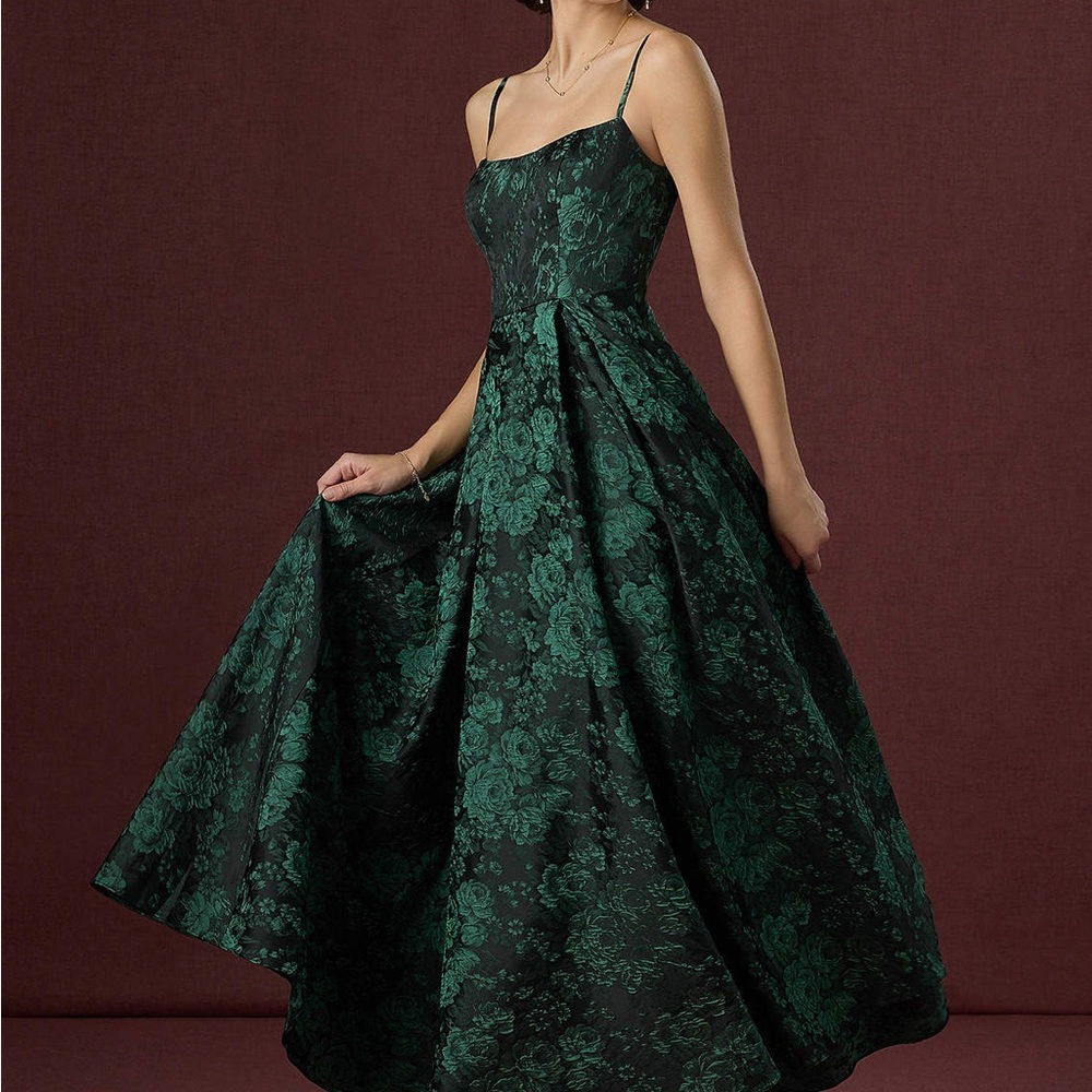 Azazie Dark Emerald Floral Jacquard Maxi Gown